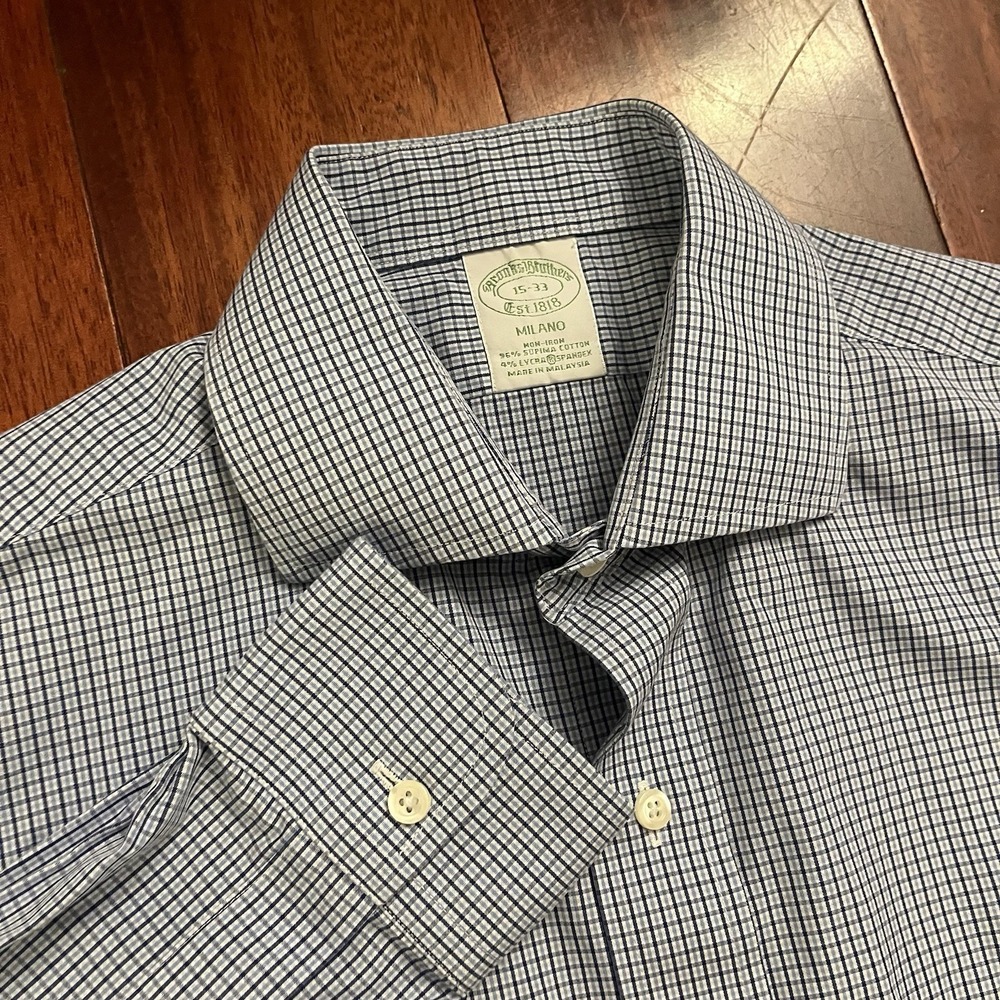 Brooks Brothers Shirt Mens 33 Blue Check Plaid Milano Non Iron Supima 1818